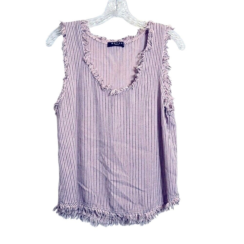 Maven West Tank Top Womens S Mauve Striped Frayed Hem Scoop Neck Boho Coastal
